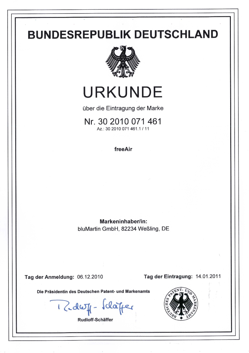 Markenurkunde freeAir