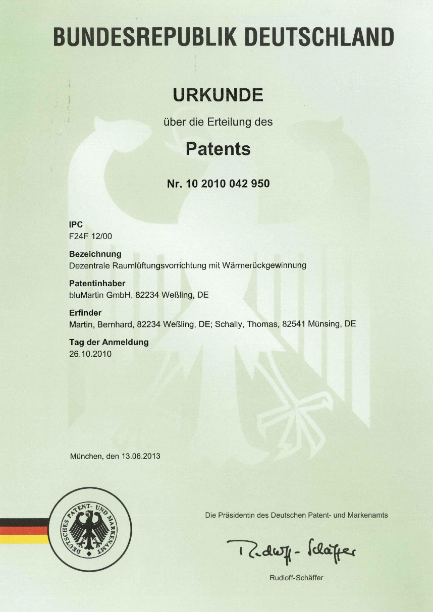 Patenturkunde Wärmetauscheranordnung