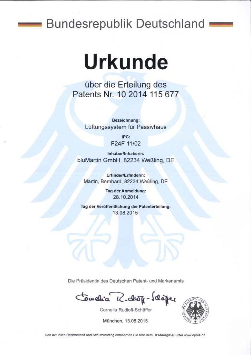 Patent Lüftungsystem Passivhaus